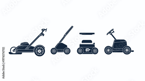 Silhouetted illustration of several types of lawnmowers, arranged in a row