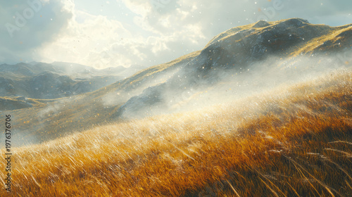 Golden grass sways on a hill under a cloudy sky with light snowfall, creating a serene and idyllic landscape evoking peace and natural beauty in the outdoors.