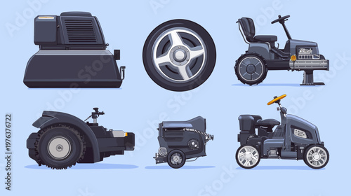 Pixelated artwork showcasing various machine elements and full vehicle renderings