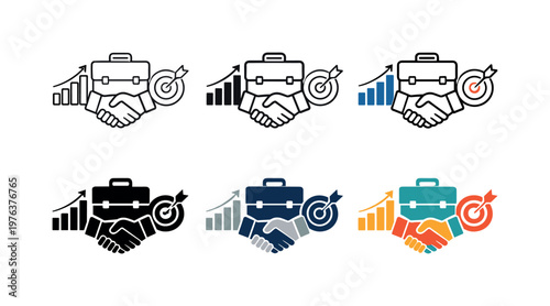 Corporate travel icon depicting a stylized briefcase, chart, handshake, and target representing business travel services,