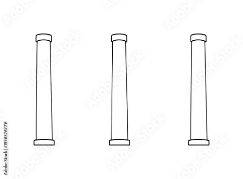 Busy plant floor scene featuring a tall industrial smokestack with simple cylindrical form and capped top, same object repeated