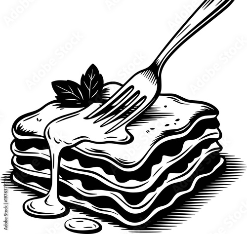 Black and white of a fork piercing a layered lasagna dish with melting cheese and basil garnish