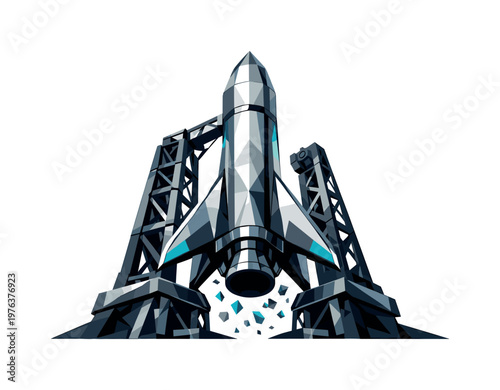 Rocket Ready for Liftoff. Low-poly vector illustration of a rocket standing on the launch pad just before ignition, angular
