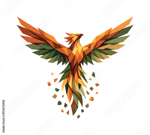 Low-poly vector illustration of a phoenix gliding upward after its ember rise, angular wings extended gracefully while polygon