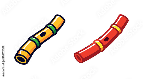 Two-Color vector icons of musical bamboo motif: hollow reed line, rounded joint rings, gentle stem arc, soft grip mark; curved