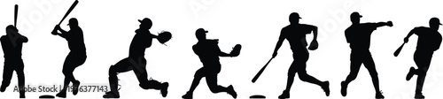 Baseball player silhouettes set, batting pitching catching poses, sport action collection, athletic team illustration, black vector isolated on white