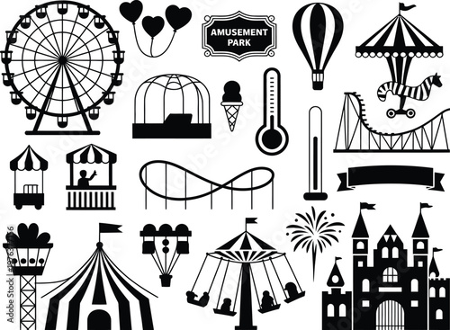 Amusement park silhouettes collection ferris wheel roller coaster circus tent carousel rides carnival icons vector illustration isolated on white