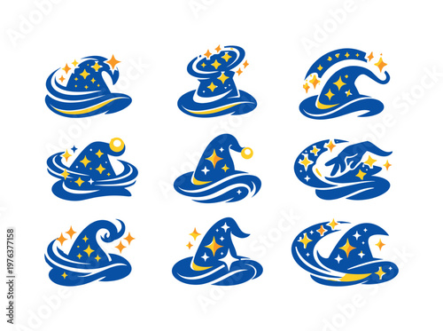 Two-Color vector icons of magical harmony tied to swirling stars within a hat: curved brim glow, star cluster, soft spin, arc