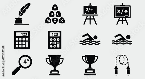 A collection of black icons representing school subjects including writing math and sports activities