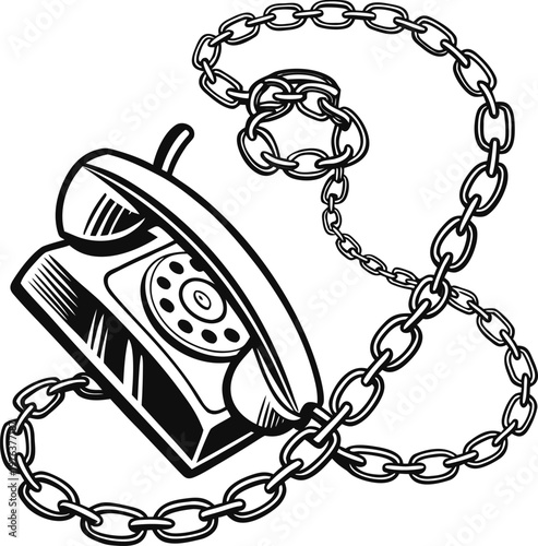 Vintage rotary phone, chained, black and white, illustration, retro style, communication symbol