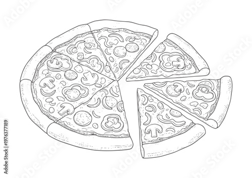 Hand drawn of a sliced mushroom and bell pepper pizza food black white monochrome