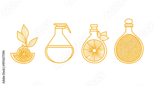 A group of four stylized illustrations featuring oranges and containers, rendered in yellow and white