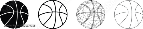 Black silhouette basketball icons with diverse styles including solid, outline, wireframe, minimalist illustration design concept