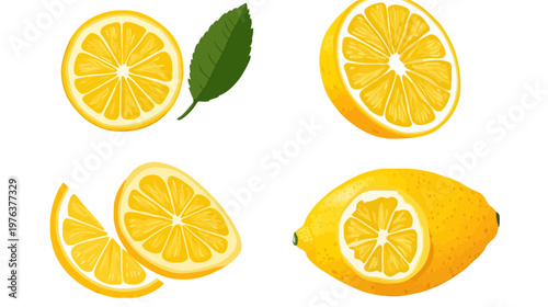A collection of stylized, yellow citrus fruit, including slices, a whole piece, and a green leaf