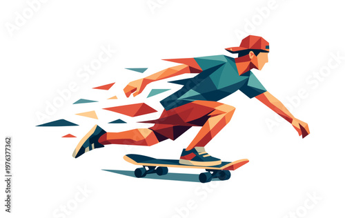 Sunset Skateboarding Vibes. Low-poly vector illustration of a skateboarder gliding along the street during sunset, faceted