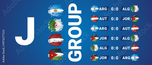 2026 International Soccer Tournament Group J matches Schedule with national flags ribbons on blue background