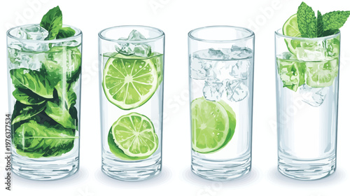 Artistic depiction of refreshing summer drinks, with ice, lime, and mint in tall glasses