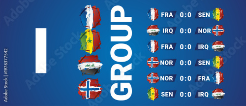 2026 International Soccer Tournament Group I matches Schedule with national flags ribbons on blue background