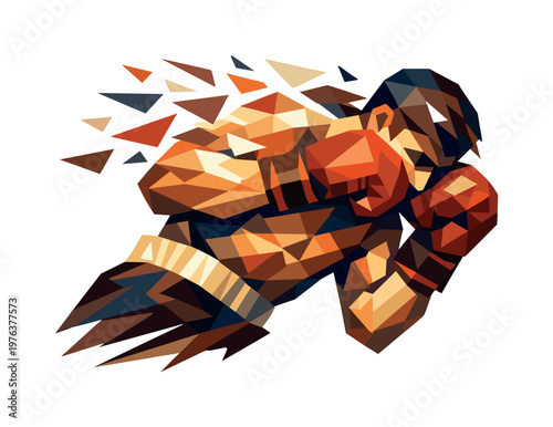 Low-poly vector illustration of a boxer mid-slip, body angled sharply with angular arms flexed and guard tight, polygonal
