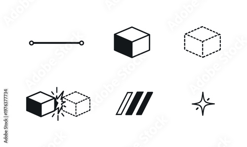 Digital Manufacturing Icons. Line vector icons of a production line where real and virtual parts interact (dual-layer