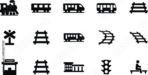 Black silhouette railway and train icons including locomotives, tracks, stations, signals, ticket booth illustration design concept