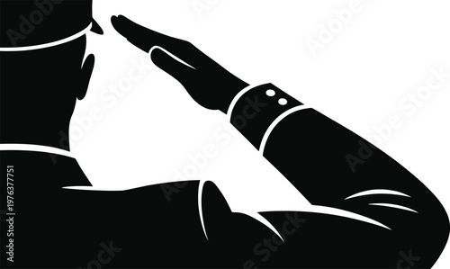 Black and white silhouette back view of a military officer or soldier in uniform saluting to show respect vector illustration.
