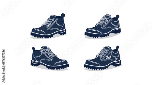 A collection of four illustrated, dark blue boots with white laces and sole designs