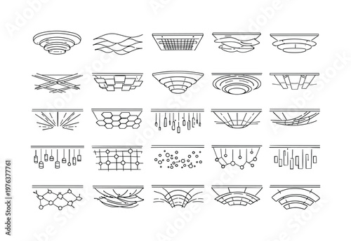 Thought Pattern Icons. Line vector icons of a ceiling that shapes thought patterns: dynamic altitude rings, cognitive-openness