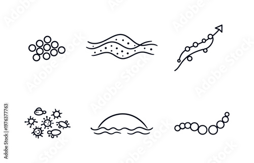 Line style icons of biogeochemical enhancement: iron pellet dot, dispersion field curve, nutrient-uptake path, phytoplankton