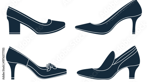 Stylized illustrations of four different high-heeled shoes in dark blue with white outlines