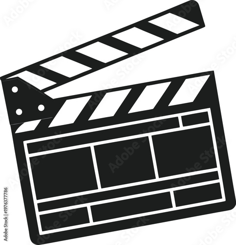 Film clapperboard, movie clapper, cinema clapboard, video production slate, black and white icon