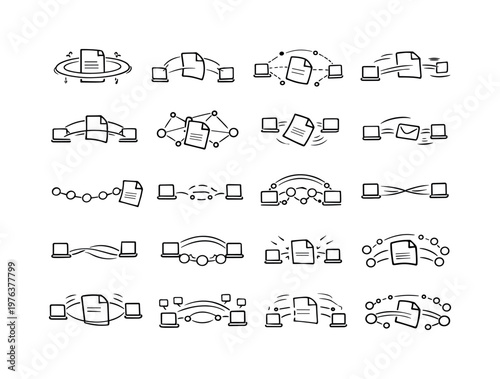 Line style icons of file drifting through a crowd: floating data ring, whispered hop arc, gentle sync point, proximity device