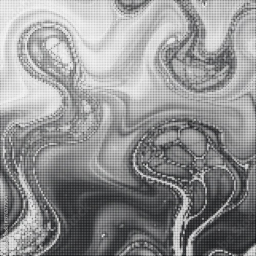 Swirling abstract smoke or ink clouds rendered in a dot pattern, creating a mysterious and fluid visual effect.