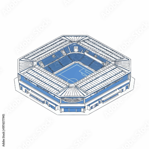 Stadium with blue sports field inside.