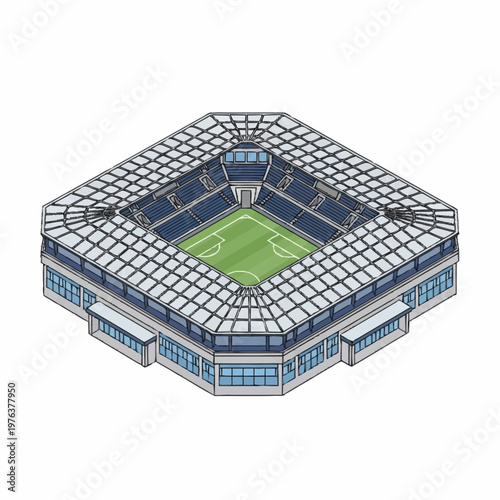 Stadium with green soccer field inside.