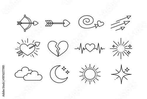 Line style vector icons of valentine arrows: cupidbow, heartarrow, swirl, motion; impact, crack, pulse, glow; cloud, moon, sun,