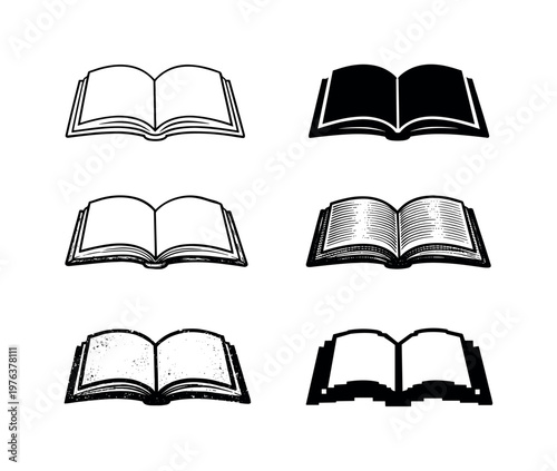 Textbook open with curved pages designed for study and academic reference | Create ONE image containing EXACTLY six versions of