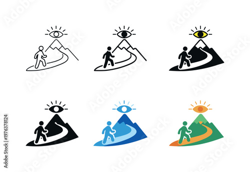 Spiritual advancement concept illustrating a lone figure following an upward course toward insight, presented as six identical