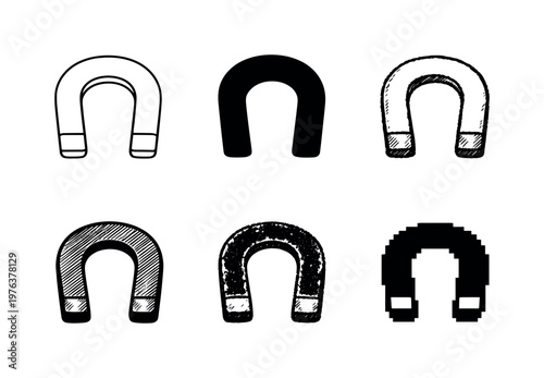 Classic horseshoe magnet object with rounded ends representing physics and magnetism | Create ONE image containing EXACTLY six