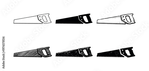 Six Saw Variations. Carpenter hand saw with serrated blade designed for woodworking and home improvement tasks | Create ONE image