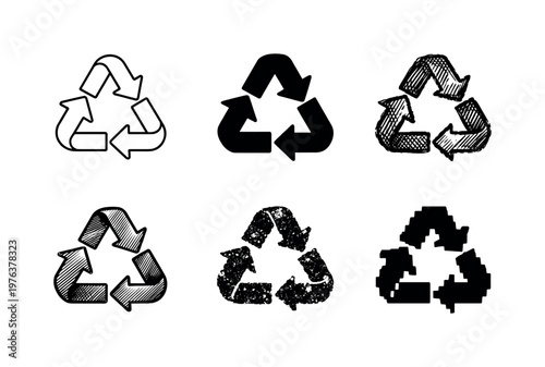 Triangular eco symbol with interconnected directional arrows, used to mark recyclable materials | Create ONE image containing