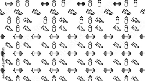 Vector pattern of fitness essentials dumbbells, shoes, bottles. Monochrome design for active lifestyle, gym, and health backgrounds, promoting wellness