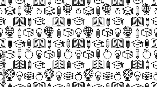 Seamless pattern of black and white education icons, symbolizing knowledge and learning