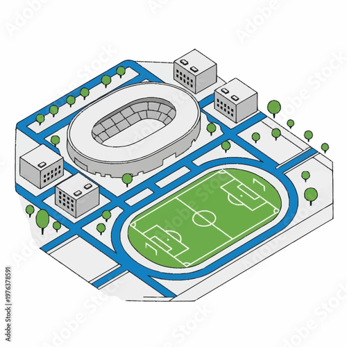 Stadium and soccer field layout plan.