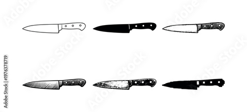 Six Knife Variants. Sharp kitchen knife with straight blade and ergonomic handle, used for slicing and chopping food ingredients |