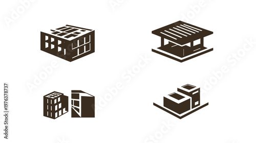 Four stylized, architectural illustrations, rendered in dark brown on a white background