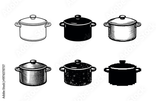 Six Pot Variations. Metal cooking pot with two side handles and fitted lid, used for boiling soups, pasta, and stews on stove |