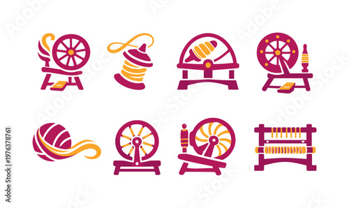 Two-Color vector icons of whimsical spinning wheel: dreamy wheel curl, airy thread loop, floating spindle arc, playful pedal dot;
