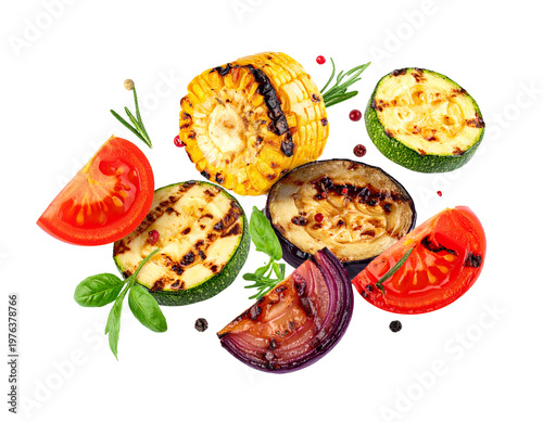 falling grilled vegetables isolated on white background, cutout