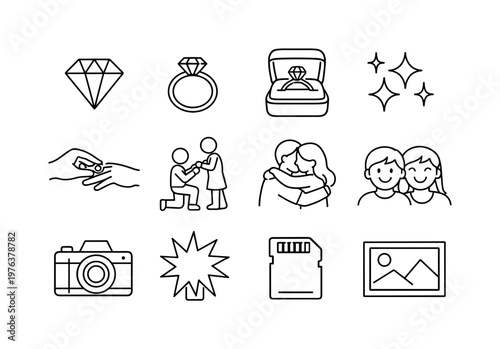 Proposal Icons Grid. Line style vector icons of marriage proposal symbols: diamond, engagementring, openbox, shine; hands, couple,